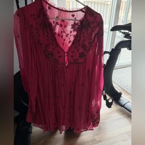 Women's Fuchsia Embroidered Sheer V-Neck Top